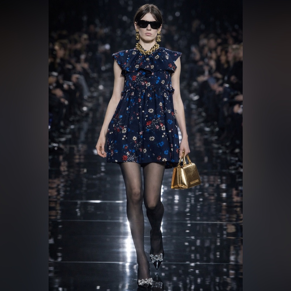 AUTHENTIC • NWT BALENCIAGA
Multicolor Floral Baby Doll Plastron Silk Mini Dress
